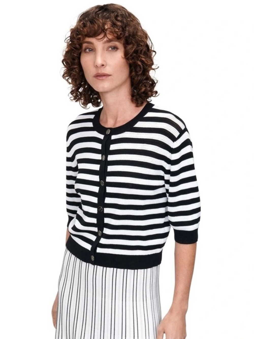 Veronika Maine Textured Stripe Black and White Cardigan Size Small